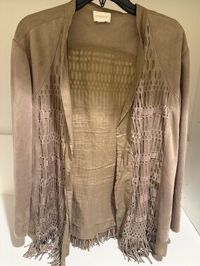 Chico's Taupe Suede Fringe Open-Front Jacket